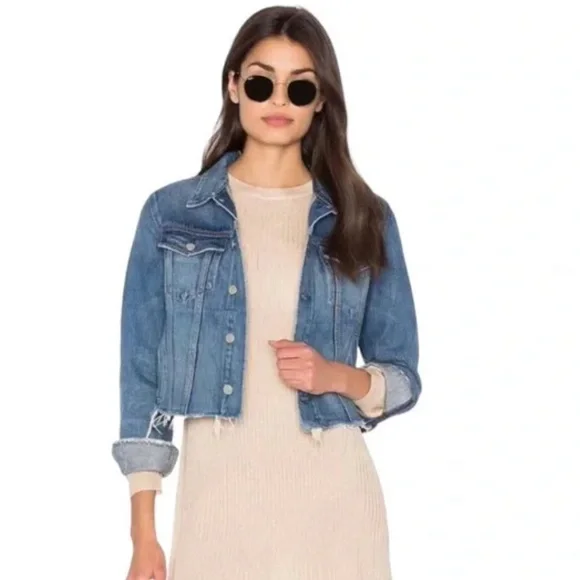 GRLFRND CARA Denim Jacket Raw Hem Distressed Wash - Picture 6 of 7